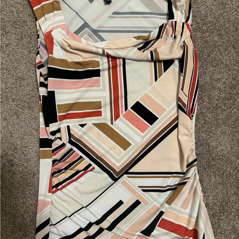 White House Black Market Geometric Asymmetrical Blouse in Cream, Black, and Pink